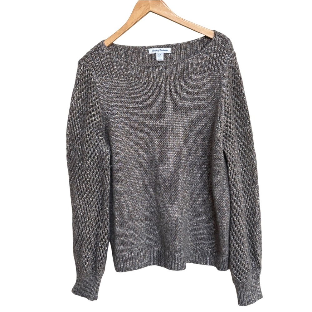 Tommy Bahama Womens Metallic Knit Sweater Grey Silver Long Sleeve Boat Neck Lg